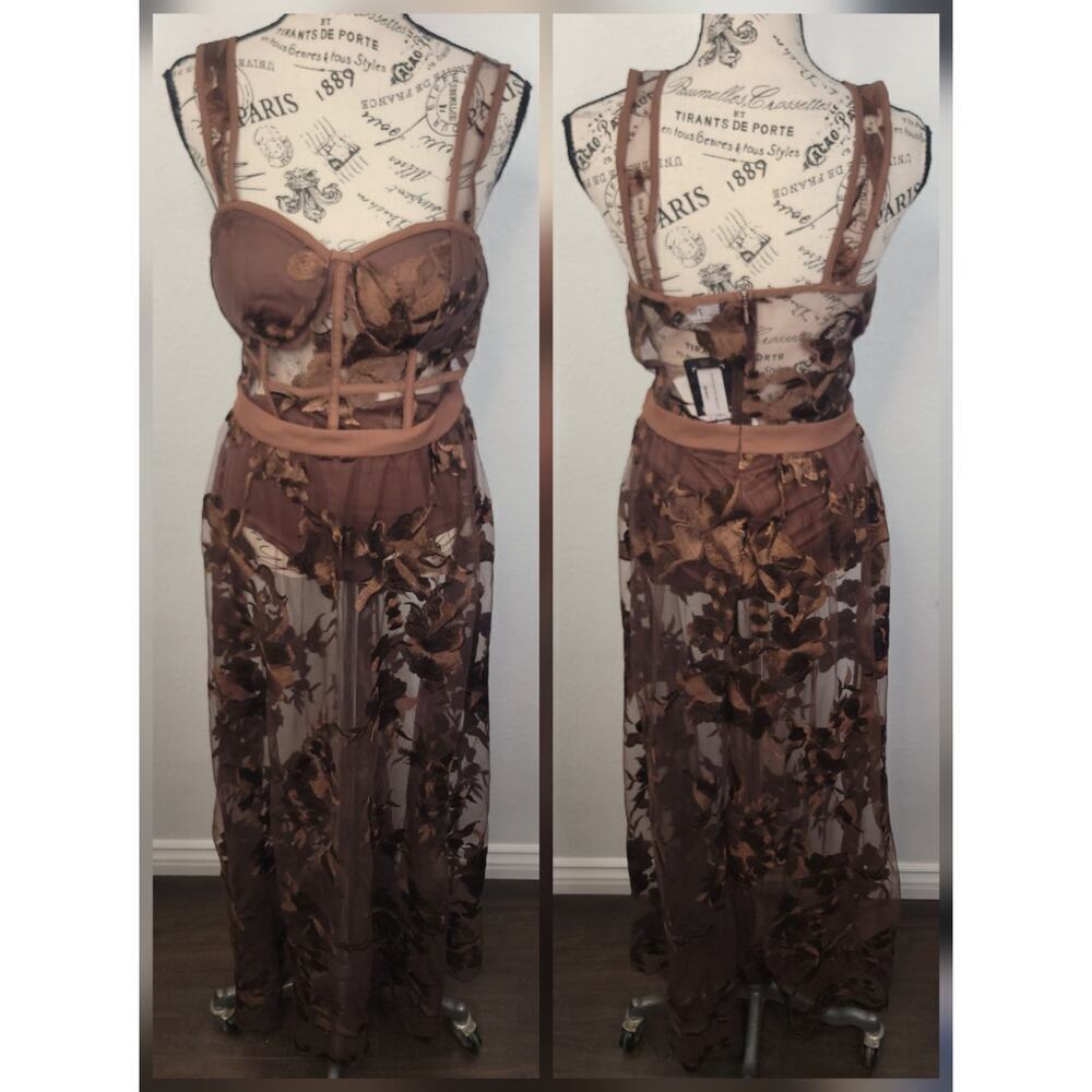 Blithe LA Sheer Lace maxi dress Womens Medium Empire Waist Floral Brown NEW